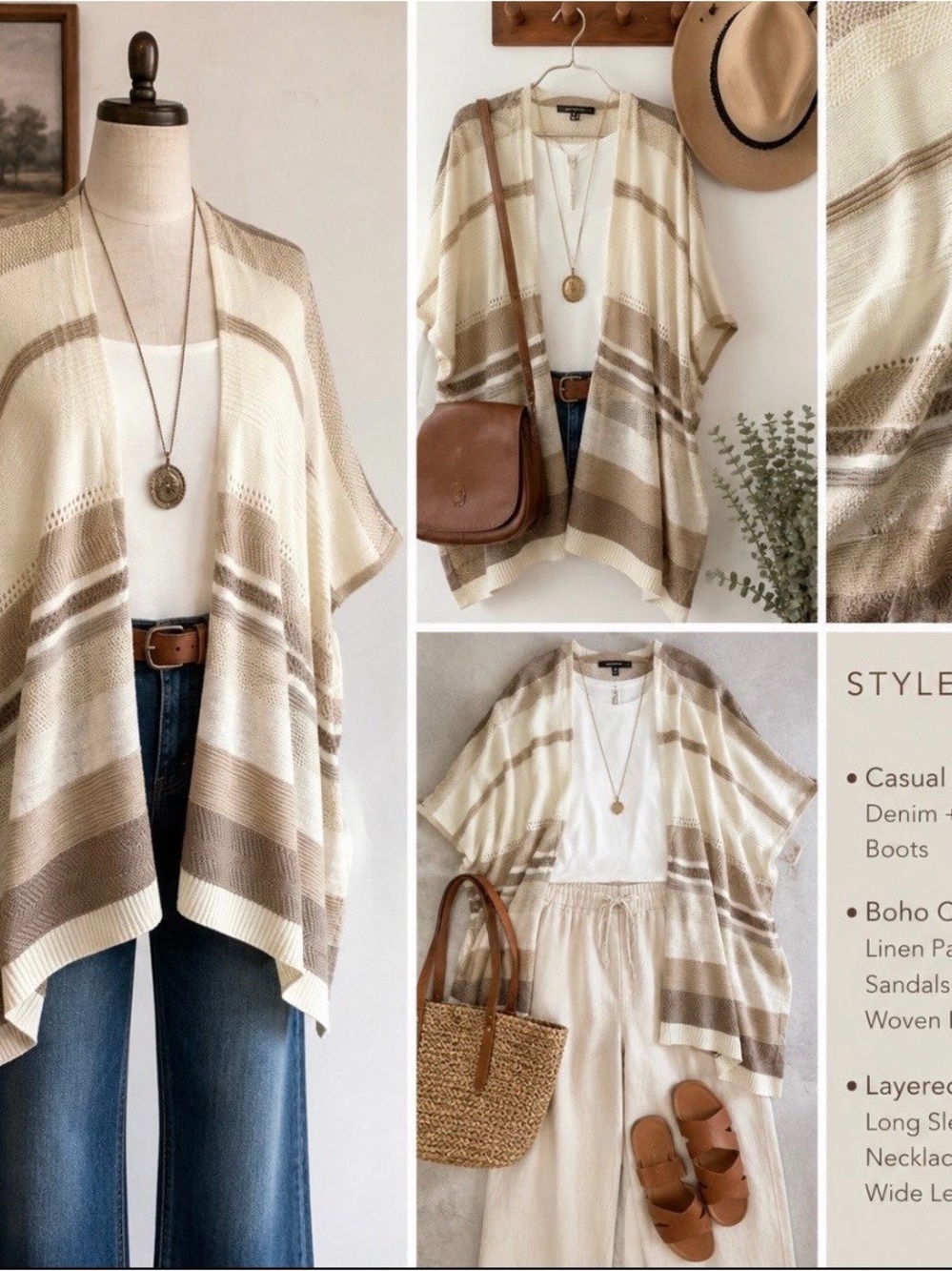 White House Black Market Beige and Cream Striped Open-Front Cape
